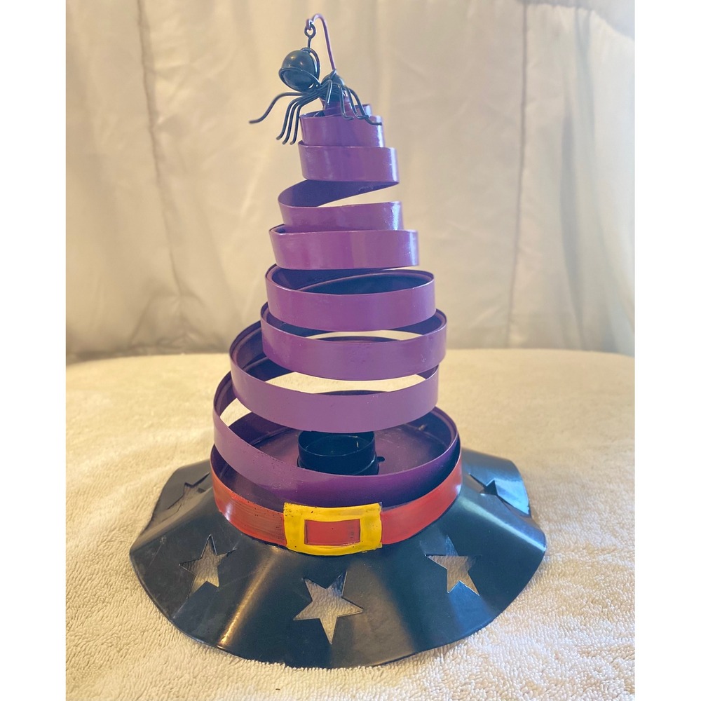 Vintage Old Time Pottery Halloween Witch Hat Metal Votive Candle Holder Spider